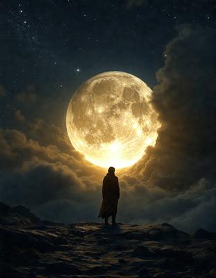 The primary subject of the image is a man standing on a rocky hill, looking up at the moon. The setting is a nighttime sky with a full moon, and the visual style is a digital art or illustration. The colors and mood of the image are predominantly dark and moody, with the man and the moon being the main focal points.